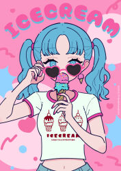 1girl blue_eyes blue_hair breasts clothes_writing commentary crop_top english_text food hand_up heart heart-shaped_eyewear highres holding holding_food ice_cream ice_cream_cone long_hair looking_at_viewer looking_over_eyewear midriff multiple_scoops navel neki_(wakiko) original parted_bangs pink-framed_eyewear pink_background shirt short_sleeves small_breasts solo sunglasses twintails white_shirt
