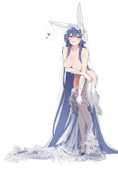 1girl absurdly_long_hair absurdres animal_ears azur_lane blue_eyes blue_hair blue_shoes blush breast_rest breasts bridal_veil cleavage collarbone crossed_bangs dress fake_animal_ears gloves hair_between_eyes hashtag-only_commentary heart high_heels highres large_breasts long_hair looking_at_viewer mark_jin new_jersey_(azur_lane) new_jersey_(snow-white_ceremony)_(azur_lane) partially_undressed rabbit_ears see-through_clothes shoes simple_background smile solo veil very_long_hair wedding_dress white_background white_dress white_gloves