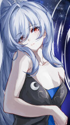 1girl absurdres bare_arms bare_shoulders black_dress breasts dress evzeva grey_hair head_tilt highres honkai:_star_rail honkai_(series) jingliu_(honkai:_star_rail) long_hair looking_at_viewer medium_breasts parted_lips red_eyes solo strapless strapless_dress upper_body very_long_hair