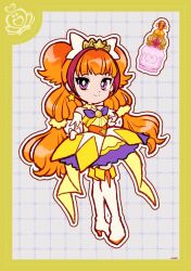 Rule 34 | 1girl, amanogawa kirara, bare shoulders, blunt bangs, boots, border, bottle, bow, bowtie, brooch, closed mouth, coattails, corset, cure twinkle, deformed, detached collar, detached sleeves, dot nose, dotted line, dress, earrings, eyelashes, frilled dress, frills, full body, gloves, go! princess precure, gold tiara, grey background, grid background, hair bow, hair ornament, hair scrunchie, hat ornament, high heel boots, high heels, highres, jewelry, long hair, looking at viewer, low twintails, magical girl, multicolored hair, orange corset, orange hair, outline, perfume bottle, pink hair, precure, purple bow, purple bowtie, purple eyes, scrunchie, short dress, short sleeves, signature, skirt hold, smile, solo, star (symbol), star earrings, star hat ornament, strapless, strapless dress, streaked hair, thigh boots, tiara, twintails, two side up, uwded 207, very long hair, white boots, white bow, white gloves, white outline, white sleeves, yellow border, yellow collar, yellow dress, yellow scrunchie