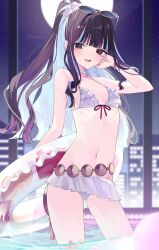 1388chan 1girl bare_shoulders belly_chain bikini black_hair blue-tinted_eyewear blue_hair breasts colored_inner_hair eyeliner eyewear_on_head fate/grand_order fate_(series) frilled_bikini frills grey_eyes high_ponytail highres innertube jewelry long_hair looking_at_viewer makeup multicolored_hair ponytail revision sidelocks small_breasts smile solo swim_ring swimsuit tenochtitlan_(fate) tenochtitlan_(swimsuit_mooncancer)_(fate) tenochtitlan_(swimsuit_mooncancer)_(first_ascension)_(fate) thighlet tinted_eyewear wading white_bikini