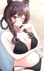 1girl absurdres animal_ears arm_under_breasts beach beach_umbrella bikini black_bikini blush braid braided_hair_rings breasts brown_hair chair cleavage closed_mouth eyewear_on_head gentildonna_(umamusume) hair_between_eyes hair_rings hand_up highres horse_ears horse_girl horse_tail large_breasts long_hair lounge_chair navel o-ring o-ring_bikini one_eye_closed red-tinted_eyewear red_eyes sand sidelocks sitting smile solo sunglasses swimsuit tail tinted_eyewear umamusume umbrella y_k_(user_maxh5525)