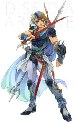 1boy arm_shield armor black_armor blue_cape blue_headscarf bow_(weapon) cape copyright_name dagger dissidia_final_fantasy final_fantasy firion full_body gradient_cape grey_armor grey_hair headscarf highres holding holding_sword holding_weapon jewelry knee_guards knife male_focus multicolored_headscarf orange_headscarf payu_(pyms11) polearm red_eyes ring scabbard sheath shoulder_armor simple_background solo standing sword trident wavy_hair weapon white_background