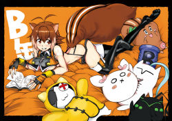 Rule 34 | 1girl, :3, animal ears, bed, blazblue, book, bow, breasts, brown hair, fingerless gloves, gloves, jubei (blazblue), large breasts, looking at viewer, makoto nanaya, multicolored hair, red eyes, revealing clothes, short hair, skirt, smile, squirrel ears, squirrel tail, stuffed animal, stuffed cat, stuffed squirrel, stuffed toy, tail, tamuhime, thighhighs, two-tone hair, underboob