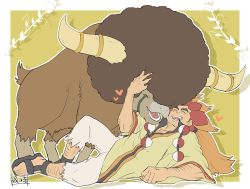 1boy alder_(pokemon) arm_hair bad_id bad_twitter_id border bouffalant closed_eyes commentary_request facial_hair gen_5_pokemon hair_tie heart leg_hair long_hair lying male_focus multicolored_hair nintendo on_side open_mouth orange_hair outline pants poke_ball pokemon pokemon_(creature) pokemon_bw poncho red_hair sandals sanwari_(aruji_yume) smile teeth toes torn_clothes torn_pants two-tone_hair white_border white_pants