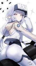 Rule 34 | 1girl, absurdres, ass, black gloves, blue archive, blush, bodysuit, commentary, earclip, gabang, gloves, goggles, goggles on head, grey hair, hair tubes, halo, hand up, head-mounted display, highres, himari (blue archive), himari (bodysuit) (blue archive), hood, hood down, hooded jacket, jacket, long hair, looking at viewer, low-tied long hair, mole, mole under eye, official alternate costume, pointy ears, smile, solo, sparkle, sparkling aura, two-tone gloves, very long hair, white bodysuit, white gloves, white halo, white jacket
