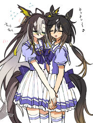 Rule 34 | 2girls, :d, = =, affectionate, animal ears, black hair, blonde hair, blush, bow, bowtie, colored inner animal ears, commentary, cowboy shot, didi (whaqlrpwjd), dream journey (umamusume), ear ornament, eyewear strap, flying sweatdrops, frilled skirt, frills, furrowed brow, glasses, gradient hair, hair between eyes, headpat, highres, holding hands, horse ears, horse girl, horse tail, long hair, motion lines, multicolored hair, multiple girls, open mouth, pleated skirt, ponytail, puffy short sleeves, puffy sleeves, purple bow, purple bowtie, purple shirt, sailor collar, sailor shirt, school uniform, shirt, short sleeves, simple background, skirt, smile, standing, stay gold (umamusume), summer uniform, tail, thighhighs, tracen school uniform, umamusume, very long hair, white background, white hair, white sailor collar, white skirt, white thighhighs, zettai ryouiki