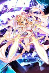 1girl absurdres anklet barefoot blonde_hair bracelet braid breasts broken_glass classroom cleavage crescent crescent_hair_ornament dagger female_focus fisheye flower flying glass hair_flower hair_ornament highres izure_shinwa_no_houkago_sensou jewelry knife long_hair navel purple_eyes ruirui_shishigane school side_ponytail smile solo weapon youta