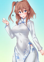 1girl alternate_costume anti_(untea9) ao_dai blue_background blue_eyes breasts brown_hair cowboy_shot dress egg hair_between_eyes high_side_ponytail highres holding holding_egg kantai_collection large_breasts long_hair looking_at_viewer saratoga_(kancolle) side_ponytail simple_background solo squiggle white_dress