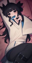 1girl absurdres arm_up artemis_of_the_blue atelier_live black_eyes black_hair blue_tongue blunt_bangs blush colored_tongue commentary english_commentary fins fish_tail highres hood hood_down hoodie long_hair long_sleeves looking_at_viewer lying on_back open_mouth shark_fin shark_girl shark_tail sharp_teeth smile solo tail teeth tongue twitter_username upper_teeth_only virtual_youtuber wavy_sidelocks white_hoodie yoako