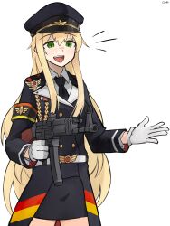 1girl absurdres armband assault_rifle black_coat black_necktie blonde_hair coat cowboy_shot gamryous girls&#039;_frontline gloves green_eyes gun hat highres holding holding_gun holding_weapon light_blush long_sleeves looking_at_viewer military_uniform necktie open_mouth peaked_cap rifle simple_background skirt smile solo stg44 stg44_(girls&#039;_frontline) weapon white_background white_gloves