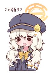 1girl @_@ aoba_(blue_archive) badge blonde_hair blue_archive blue_hat blue_jacket blush bow bowtie cabbie_hat collared_shirt cropped_torso grey_shirt hair_ornament hair_over_shoulder hairclip halo hat highres jacket long_hair low_twintails naga_u open_mouth shirt simple_background small_sweatdrop solo sweat translation_request twintails upper_body wavy_mouth white_background white_hair yellow_bow yellow_bowtie yellow_halo