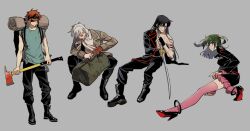 1girl 3boys allen_walker anklet arm_injury axe backpack bag bandaged_arm bandages bare_arms belt black_bag black_boots black_coat black_gloves black_hair black_headband black_jacket black_order_uniform black_pants black_shoes blue_eyes blue_shirt boots bow breasts brown_coat bruise bruise_on_chest bruise_on_face closed_eyes coat collared_coat collared_shirt colored_extremities d.gray-man eyepatch facial_mark fingerless_gloves floating_hair frilled_wrist_cuffs frills gloves green_bag green_eyes green_hair grey_background hair_between_eyes hair_bow hand_on_ground hand_on_own_arm handbag headband high_heels highres hiking_backpack holding holding_axe holding_bag holding_sword holding_weapon injury jacket jewelry kanda_yuu katana lavi legs lenalee_lee long_hair looking_at_another looking_at_object looking_at_viewer looking_down medium_breasts medium_hair miniskirt multiple_boys one_eye_covered orange_hair pants partially_undressed pink_skirt pink_thighhighs pink_wrist_cuffs pleated_skirt purple_eyes red_bow rocheng scar scar_across_eye scar_on_face shirt shoes short_hair sidelocks simple_background single_bare_shoulder sitting skirt sleeveless sleeveless_shirt striped_clothes striped_coat striped_headband striped_jacket sword thighhighs thighs toned toned_male trench_coat two_side_up vertical-striped_coat vertical-striped_headband weapon white_hair white_shirt wrist_cuffs