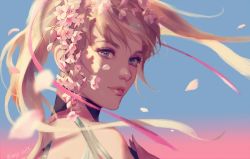 1girl blonde_hair blue_eyes blurry blurry_foreground cherry_blossoms eyelashes female_focus flower hage2013 hair_flower hair_ornament lips long_hair looking_at_viewer mercy_(overwatch) nose overwatch overwatch_1 petals pink_mercy pink_ribbon portrait ribbon simple_background solo twintails twitter_username