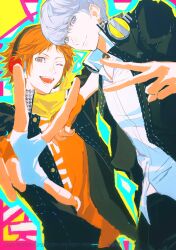 2boys black_jacket closed_mouth fingerless_gloves gloves grey_hair hanamura_yousuke highres jacket looking_at_viewer male_focus multiple_boys narukami_yu open_mouth orange_hair orange_shirt persona persona_4 qchng shirt short_hair smile teeth v w white_shirt