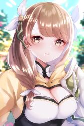 Rule 34 | 1girl, black corset, braid, braided ponytail, breasts, commentary request, corset, fire emblem, fire emblem engage, goldmary (fire emblem), hair ribbon, highres, hooded top, karingityou, large breasts, low ponytail, nintendo, ponytail, ribbon, single shoulder pad, white ribbon