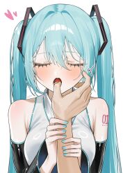 1girl 1other aqua_hair aqua_nails aqua_trim arm_tattoo bare_shoulders black_sleeves blush breasts closed_eyes collared_shirt commentary detached_sleeves eyelashes facing_viewer finger_in_another&#039;s_mouth hair_between_eyes hair_ornament hakai_orz hatsune_miku heart highres holding_another&#039;s_arm large_breasts licking licking_finger long_hair nail_polish number_tattoo open_mouth pov pov_hands saliva shirt sidelocks signature simple_background sleeveless sleeveless_shirt solo_focus tattoo teeth tongue twintails upper_body very_long_hair vocaloid white_background white_shirt wide_sleeves