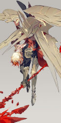 1boy armor armored_boots back_tattoo black_coat black_pants blonde_hair boots braid cape chinese_commentary coat commentary_request crystal gold_necklace gradient_hair grey_background highres holding holding_polearm holding_weapon honkai:_star_rail honkai_(series) jewelry male_focus medium_hair mississipping multicolored_hair mydei_(honkai:_star_rail) necklace open_clothes open_coat pants pauldrons polearm red_cape red_hair shoulder_armor side_braid simple_background single_pauldron solo tattoo weapon