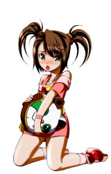 1girl :o armband bare_shoulders beads blush bow brown_hair chest_bow child collarbone commentary_request dress eibon embarrassed fingernails flat_chest full_body green_eyes hair_bobbles hair_ornament holding holding_stuffed_toy kneeling looking_at_viewer off-shoulder_dress off_shoulder open_mouth pink_armband pink_dress pink_socks red_bow red_shoes shiny_skin shoes short_hair short_twintails simple_background socks solo steins;gate stuffed_toy tennouji_nae thick_thighs thighs tongue twintails upa_(steins;gate) white_background