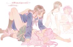 2girls bang_dream! bang_dream!_it&#039;s_mygo!!!!! barefoot between_legs black_socks blue_shirt blue_skirt blush bottomless breasts brown_hair chihaya_anon chinese_commentary chinese_text clothes_lift collared_shirt commentary_request commission green_skirt grey_eyes grey_neckerchief haneoka_school_uniform highres lanserongjie long_hair long_sleeves looking_at_another medium_breasts multiple_girls nagasaki_soyo neckerchief panties panties_around_one_ankle pink_hair pleated_skirt sailor_collar school_uniform second-party_source shirt shirt_lift simple_background skirt socks tears translation_request underwear white_background white_panties white_sailor_collar white_shirt yuri