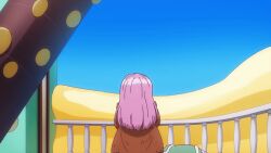 1girl 2025 20s aged_up animated animated_gif anime_screenshot belt belt_buckle blue_sky bracelet brown_jacket buckle character_name female_focus jacket jewelry jewelry_bonney long_hair midriff one_piece pink_hair shirt short_shorts shorts sitting sky solo suspenders tagme transformation white_shirt
