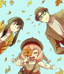 1boy 2girls anya_(spy_x_family) autumn_leaves ayamame beret black-framed_eyewear black_hair black_hat black_jacket blonde_hair blue_background blue_eyes braid brown_jacket brown_overalls closed_mouth collared_jacket commentary falling_leaves family father_and_daughter glasses grey_hairband hairband hat highres holding holding_leaf jacket leaf long_sidelocks medium_hair mother_and_daughter multiple_girls one_eye_closed open_mouth overalls pink_hair red_eyes ribbed_sweater shirt sidelocks smile spy_x_family sweater teeth turtleneck turtleneck_sweater twilight_(spy_x_family) twin_braids twintails upper_teeth_only white_shirt white_sweater yor_briar