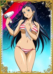 1girl antenna_hair bikini black_hair blue_eyes blush breasts card_(medium) collarbone earrings female_focus floating_hair gold_trim gradient_background highres holding ikkitousen jewelry kakouen_myousai large_breasts long_hair magatama magatama_earrings navel open_mouth solo straight_hair striped_bikini striped_clothes swimsuit third-party_source torn_bikini torn_clothes underboob very_long_hair