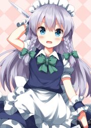 1girl alternate_hair_length alternate_hairstyle apron arm_up blue_dress blue_eyes blush bow bowtie braid checkered_background collared_shirt commentary cowboy_shot dress frilled_apron frilled_dress frills green_bow green_bowtie grey_hair hair_bow highres holding holding_knife izayoi_sakuya knife looking_at_viewer maid maid_headdress open_mouth pink_background ruu_(tksymkw) shirt short_sleeves solo touhou twin_braids waist_apron white_apron white_shirt wrist_cuffs