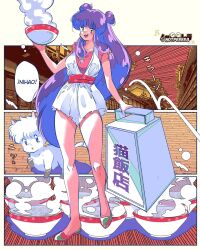 1girl absurdres apron bell bowl breasts chinese_clothes double_bun dress food hair_bell hair_bun hair_ornament highres long_hair looking_at_viewer noodles purple_hair ramen ranma_1/2 red_dress red_eyes red_shoes shampoo_(cat) shampoo_(ranma_1/2) shoes sidelocks solo