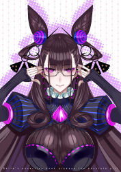 1girl 3: adjusting_eyewear beads black_dress breasts closed_mouth cone_hair_bun dress eyewear_strap fate/grand_order fate_(series) gem glasses hair_bun hair_ornament highres honjou_raita juliet_sleeves large_breasts long_hair long_sleeves looking_at_viewer murasaki_shikibu_(fate) murasaki_shikibu_(second_ascension)_(fate) pentagram puff_and_slash_sleeves puffy_sleeves purple_eyes purple_gemstone purple_hair solo symbol-shaped_pupils two_side_up very_long_hair wide_sleeves
