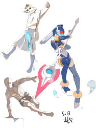 Rule 34 | 1girl, 2boys, armor, blue armor, blue eyes, blue helmet, dated, fairy leviathan (mega man), fins, forehead jewel, full body, head fins, helmet, highres, holding, holding polearm, holding weapon, mega man (series), mega man zero (series), multiple boys, omochi (mochi skymega), polearm, simple background, sketch, spear, weapon