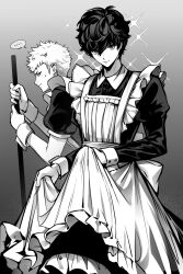 ... 2boys alternate_costume amamiya_ren apron apron_lift back_bow bow broom closed_eyes closed_mouth clothes_lift collared_dress commentary crossdressing crossdressing_(mtf) dress enmaided frilled_apron frilled_dress frills greyscale hair_between_eyes highres holding holding_broom long_sleeves looking_at_viewer looking_back maid maid_apron male_focus monochrome mu6051718 multiple_boys persona persona_5 sakamoto_ryuuji short_hair short_sleeves sideburns smile sparkle speech_bubble spoken_ellipsis sweatdrop symbol-only_commentary wing_collar wrist_cuffs