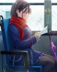 1girl anegasaki_nene bag bare_tree black_pantyhose blue_coat blue_skirt blush breasts brown_cardigan brown_hair bus bus_interior cardigan closed_umbrella coat cowboy_shot enpera from_side hands_up highres holding holding_paper indoors long_sleeves looking_at_object love_plus mole mole_under_eye motor_vehicle official_art pantyhose paper parted_lips pleated_skirt profile purple_eyes purple_umbrella push-button red_scarf scarf school_bag school_uniform sitting skirt solo sunlight tree umbrella window winter