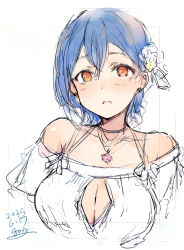 1girl bare_shoulders bikini blue_hair blush breasts cleavage cleavage_cutout clothing_cutout commentary_request crop_top cropped_shirt dated gengoroh highres jewelry large_breasts love_live! love_live!_days:_love_live!_general_magazine love_live!_superstar!! necklace off-shoulder_shirt off_shoulder official_alternate_costume open_mouth orange_eyes shirt short_hair simple_background solo star_(symbol) star_necklace swimsuit upper_body wakana_shiki white_background white_shirt