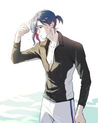 Rule 34 | 1boy, black shirt, blue hair, colored inner hair, commentary request, cowboy shot, gundam, gundam gquuuuuux, highres, korean commentary, male focus, multicolored hair, otakulifewow, partially unzipped, ponytail, purple hair, red eyes, shirt, short hair, shuji ito, solo, two-tone hair, wet