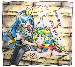 2girls :3 ancient_egyptian_hat barefoot black_thighhighs blue_eyes blue_hair blunt_bangs blush border brown_shirt closed_mouth collared_shirt commentary_request curly_hair facial_tattoo full_body gold green_hair headpiece highres horns komano_aunn long_hair looking_at_another michigami_nareko morisshii_(morishiey) multiple_girls open_mouth quad_tails red_shirt shirt short_sleeves shorts single_horn sitting smile tattoo thighhighs touhou translation_request white_border white_shorts