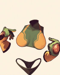 1girl boku_no_hero_academia breasts commentary english_commentary gloves hagakure_toru highres invisible large_breasts looking_at_viewer official_alternate_costume pointing pointing_at_self raichiyo33 simple_background solo swimsuit