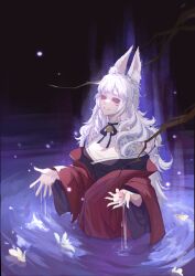 1girl absurdres animal_ear_fluff animal_ears bell black_kimono blunt_bangs branch bright_pupils changmao_ludan_xianzi choker dripping facial_mark fang flower flower_on_liquid forehead_mark fox_ears from_above highres holding holding_flower japanese_clothes jingle_bell kimono light_particles long_hair long_sleeves looking_up neck_bell nijisanji nijisanji_en nina_kosaka nina_kosaka_(1st_costume) off_shoulder outstretched_hand parted_lips partially_submerged purple_background red_eyes ribbon_choker ripples smile solo standing upper_body virtual_youtuber water wavy_hair white_flower white_hair white_pupils wide_sleeves
