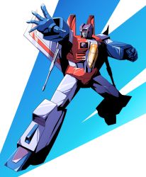 1boy absurdres arm_cannon clenched_hand decepticon fumiki_rikiya highres looking_up mecha no_humans open_hand red_eyes robot science_fiction solo starscream transformers weapon