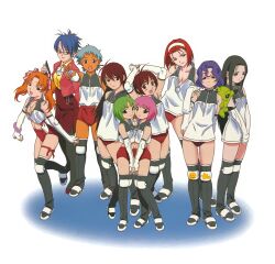 6+girls arms_up black_hair blue_hair breasts buruma cheek-to-cheek choker cleavage court_no_naka_no_tenshi-tachi dark-skinned_female dark_skin expressionless green_hair grey_hair hair_ribbon hairband heads_together highres knee_pads long_hair looking_at_viewer midriff mole mole_under_mouth multiple_girls necktie non-web_source official_art open_mouth orange_hair outstretched_arm over-kneehighs pink_hair rectangular_eyewear red_buruma red_choker red_hair ribbon shirt short_hair shy simple_background smile sportswear standing thighhighs tied_shirt twintails updo v volleyball_uniform watanabe_akio white_background