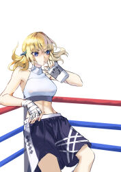 Rule 34 | absurdres, blonde hair, blue eyes, boxing ring, boxing shorts, drinking, drinking straw, drinking straw in mouth, fate/grand order, fate (series), highres, jarrchesky, midriff, pollux (fate), shorts, solo, wrist wrap