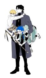 3boys 4ofo1nf43kuvxkl black_hair blonde_hair blue_hair braid camouflage camouflage_pants carrying carrying_under_arm child_gilgamesh_(fate) cross cross_necklace cu_chulainn_(fate) earrings fang fate/grand_order fate/grand_order_arcade fate/hollow_ataraxia fate/stay_night fate_(series) gilgamesh_(fate) hair_intakes hat highres hood hoodie jewelry kotomine_kirei male_focus medium_hair mitre mullet multiple_boys necklace pants red_eyes sandals setanta_(fate) short_hair simple_background single_braid staff sweatdrop white_background white_hoodie