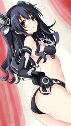 1girl ass belly black_hair black_sister blush bodysuit breasts butt_crack choujigen_game_neptune_mk2 detached_sleeves dress ears elbow_gloves gloves hair_ornament hair_ribbon highres iwashi_dorobou_-r- long_hair looking_at_viewer midriff neck neptune_(series) nervous open_mouth power_symbol red_background red_eyes revealing_clothes ribbon sideboob small_breasts solo thighs tsundere twintails two_side_up uni_(neptunia) unsure white_hair