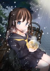 1girl bag bench black_serafuku blue_eyes bookbag brown_hair emodelas female_focus food highres looking_at_viewer necktie open_mouth original outdoors scarf school_uniform serafuku sitting solo soup winter yellow_necktie