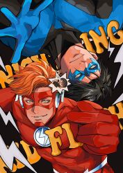 2boys black_bodysuit black_hair blue_bodysuit bodysuit character_name dc_comics dick_grayson domino_mask doufujintianxianle highres kid_flash large_pectorals male_focus mask multiple_boys muscular muscular_male nightwing orange_hair pectorals red_bodysuit short_hair smile superhero_costume two-tone_bodysuit wally_west young_justice