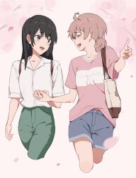 2girls :d ahoge bag black_hair blue_shorts blush cherry_blossoms closed_eyes clothes_writing collared_shirt commentary cropped_legs denim denim_shorts dress_shirt falling_petals green_pants hand_up highres holding_hands koito_yuu lie_lack1080 long_hair looking_at_another multiple_girls nanami_touko open_mouth pants petals pink_background pink_eyes pink_hair pink_petals pink_shirt pointing print_shirt profile shirt shirt_tucked_in short_hair short_sleeves shorts shoulder_bag smile standing symbol-only_commentary walking white_shirt yagate_kimi_ni_naru yuri
