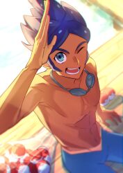 1boy ;d abs arm_up blue_hair blue_leggings blurry blurry_background collarbone commentary_request day goggles goggles_around_neck green_eyes highres leggings male_focus marlon_(pokemon) natupath_summer net nintendo one_eye_closed open_mouth outdoors pectorals poke_ball poke_ball_(basic) pokemon pokemon_bw2 short_hair sitting smile solo teeth tongue topless_male