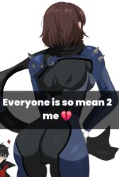1boy 1girl amamiya_ren ass biker_clothes bikesuit black_coat black_hair black_scarf blue_bodysuit bodysuit braid breasts brown_hair coat crown_braid domino_mask eye_mask from_behind gloves highres joker_(persona_5) karbuitt long_scarf mask niijima_makoto persona persona_5 queen_(persona_5) red_gloves scarf short_hair shoulder_spikes spikes steel_mask white_mask