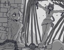 2girls animal_ears barefoot bone_nigi cat_ears cat_girl cat_tail catty_(bone_nigi) chain cuffs full_body greyscale highres kurogai_(bone_nigi) looking_at_another monochrome multiple_girls off_shoulder original outstretched_arms prison scar shackles tail toned toned_female