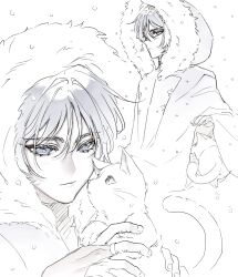 Rule 34 | 1boy, animal, bishounen, blunt ends, cat, eyelashes, eyeliner, eyeshadow, fatui coat, fingernails, fur-trimmed hood, fur trim, genshin impact, greyscale, hacwss, highres, holding, holding animal, holding cat, hood, hood up, lapels, light blush, light smile, looking at animal, looking to the side, makeup, male focus, middle ring, monochrome, multiple views, outdoors, purple eyes, red eyeliner, red eyeshadow, scaramouche (genshin impact), snowing, spot color, wispy bangs